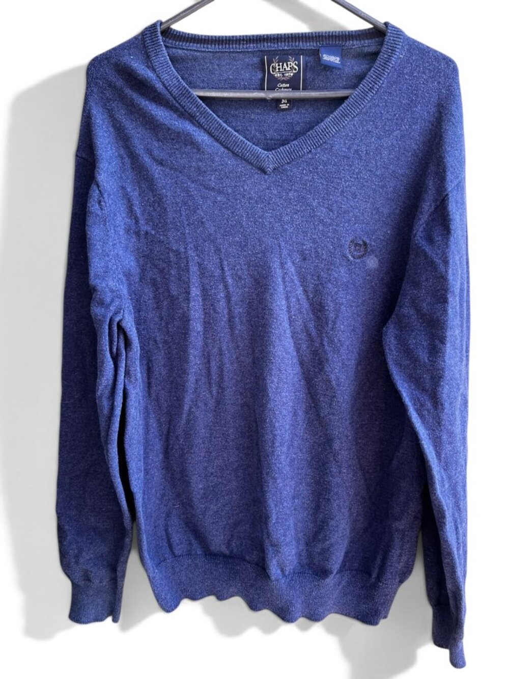 Chaps Men's Heather Blue Cotton Cashmere V-Neck Knit Sweater Size Medium M